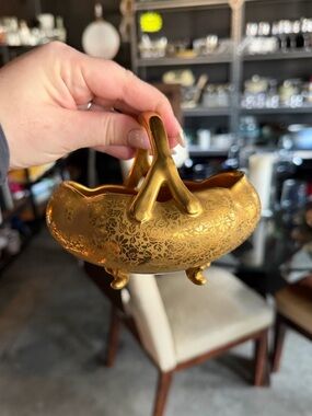 Vintage 22kt Gold Floral Decorative Trinket Bowl with Handle